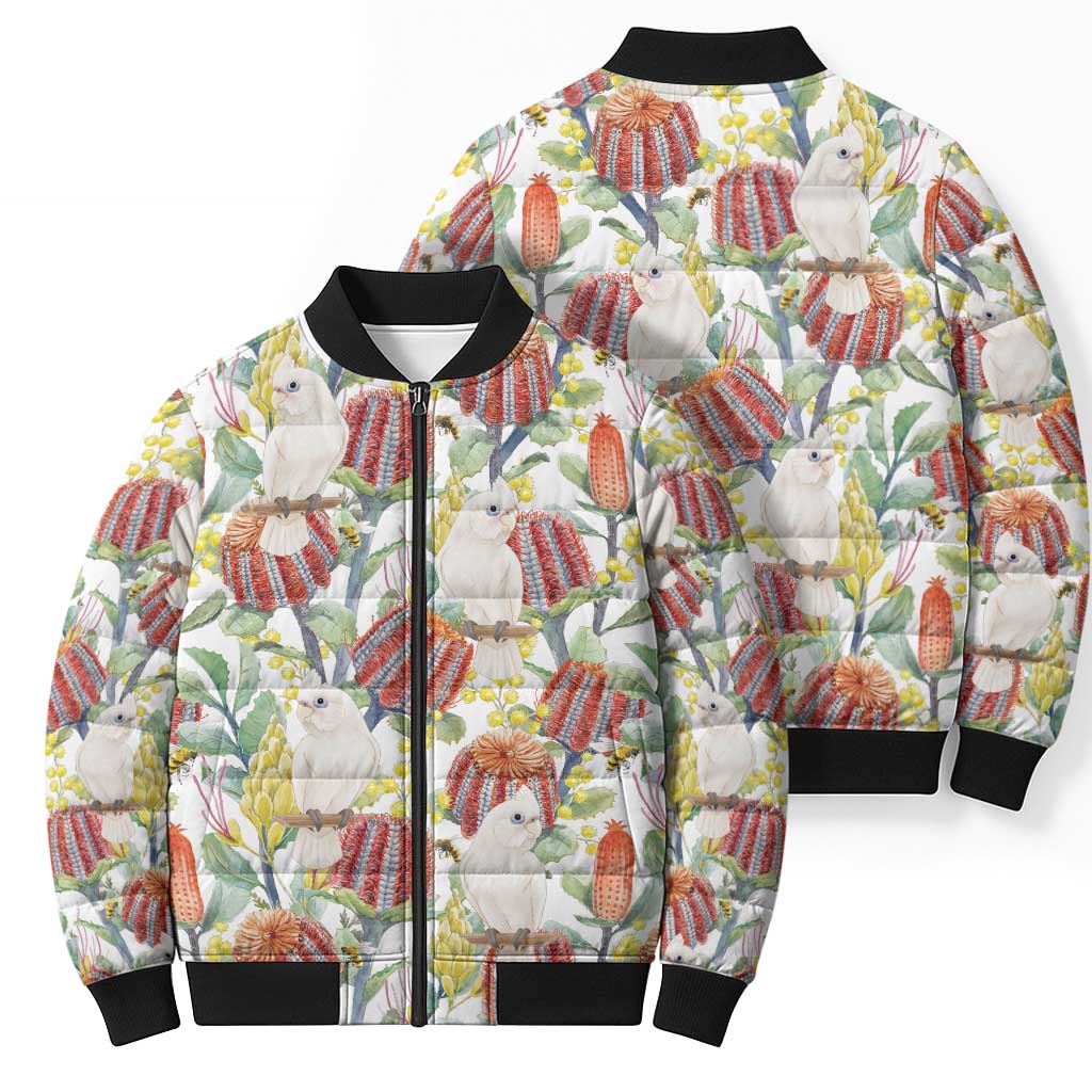 Little Corella Australia Cockatoo Bomber Puffer Jacket Cacatua Sanguinea Banksia Seamless White - Aussie Hoodie
