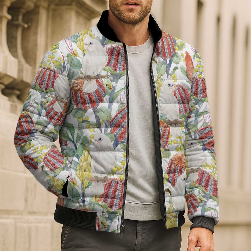 Little Corella Australia Cockatoo Bomber Puffer Jacket Cacatua Sanguinea Banksia Seamless White - Aussie Hoodie