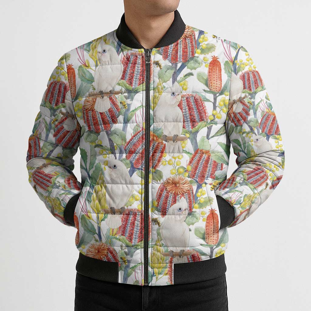 Little Corella Australia Cockatoo Bomber Puffer Jacket Cacatua Sanguinea Banksia Seamless White - Aussie Hoodie