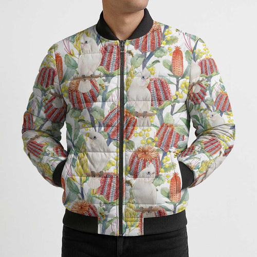 Little Corella Australia Cockatoo Bomber Puffer Jacket Cacatua Sanguinea Banksia Seamless White - Aussie Hoodie