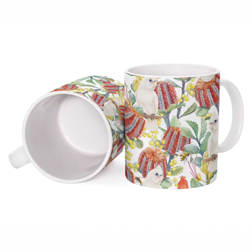 Little Corella Australia Cockatoo Ceramic Mug Cacatua Sanguinea Banksia Seamless White - Aussie Hoodie