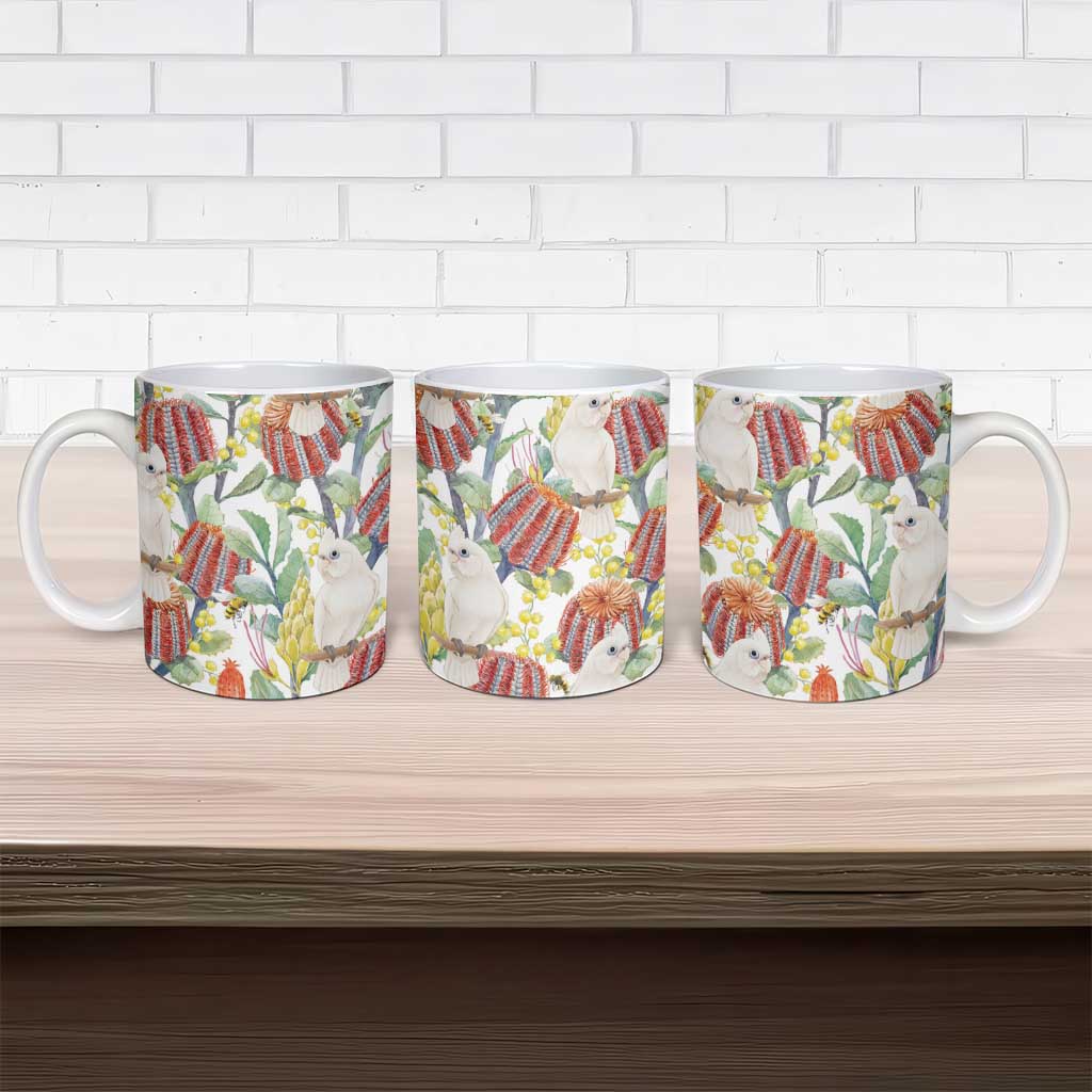 Little Corella Australia Cockatoo Ceramic Mug Cacatua Sanguinea Banksia Seamless White - Aussie Hoodie