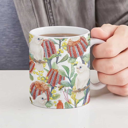 Little Corella Australia Cockatoo Ceramic Mug Cacatua Sanguinea Banksia Seamless White - Aussie Hoodie
