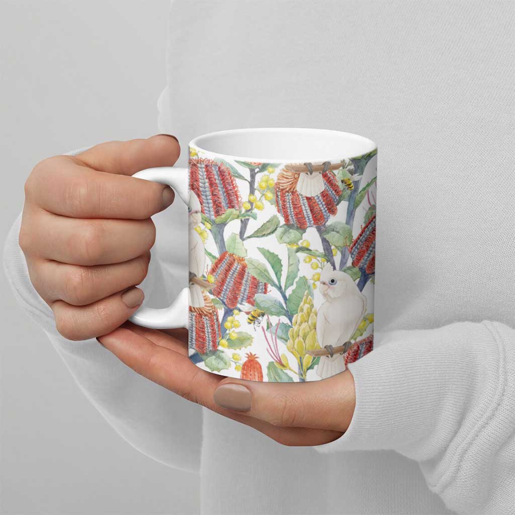 Little Corella Australia Cockatoo Ceramic Mug Cacatua Sanguinea Banksia Seamless White - Aussie Hoodie