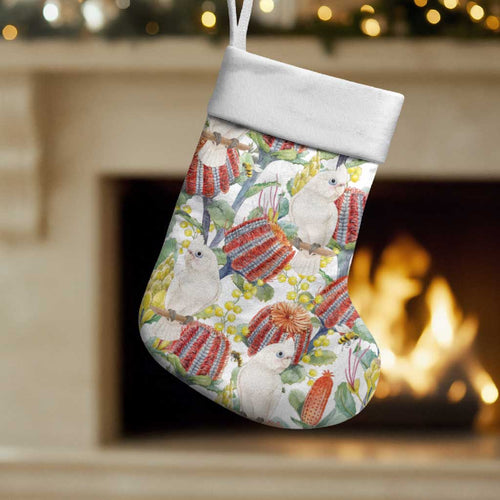 Little Corella Australia Cockatoo Christmas Stocking Cacatua Sanguinea Banksia Seamless White - Aussie Hoodie