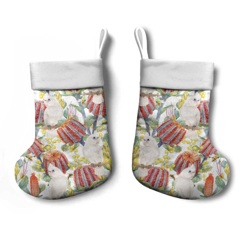 Little Corella Australia Cockatoo Christmas Stocking Cacatua Sanguinea Banksia Seamless White - Aussie Hoodie