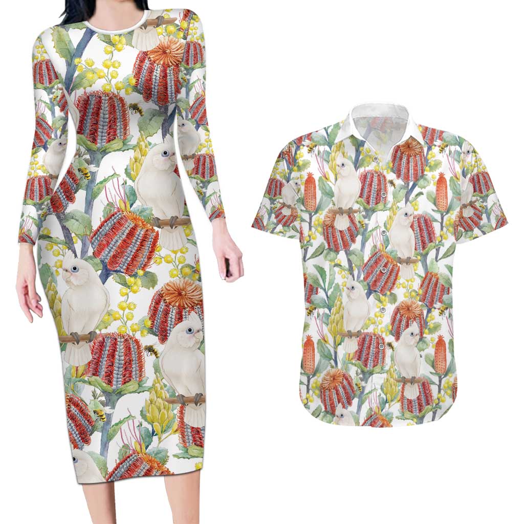 Little Corella Australia Cockatoo Couples Matching Long Sleeve Bodycon Dress and Hawaiian Shirt Cacatua Sanguinea Banksia Seamless White - Aussie Hoodie