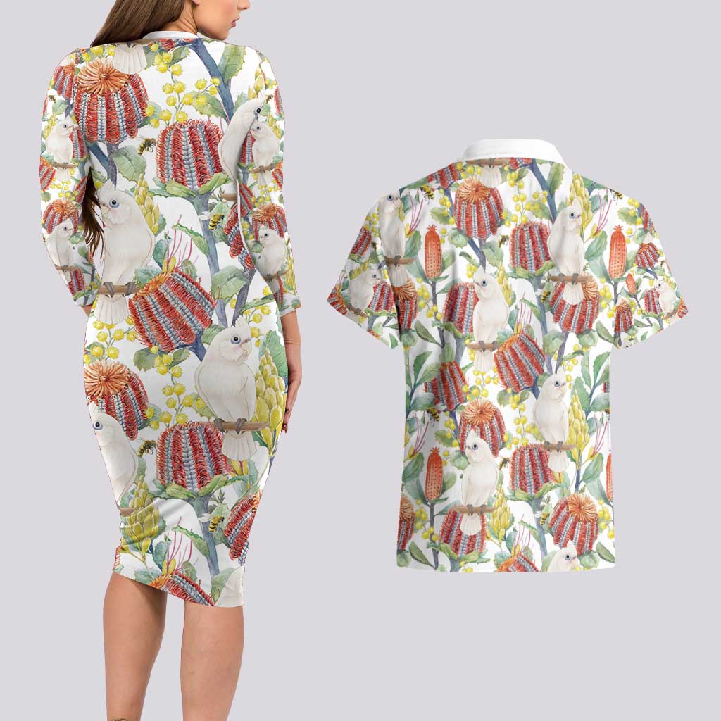 Little Corella Australia Cockatoo Couples Matching Long Sleeve Bodycon Dress and Hawaiian Shirt Cacatua Sanguinea Banksia Seamless White - Aussie Hoodie