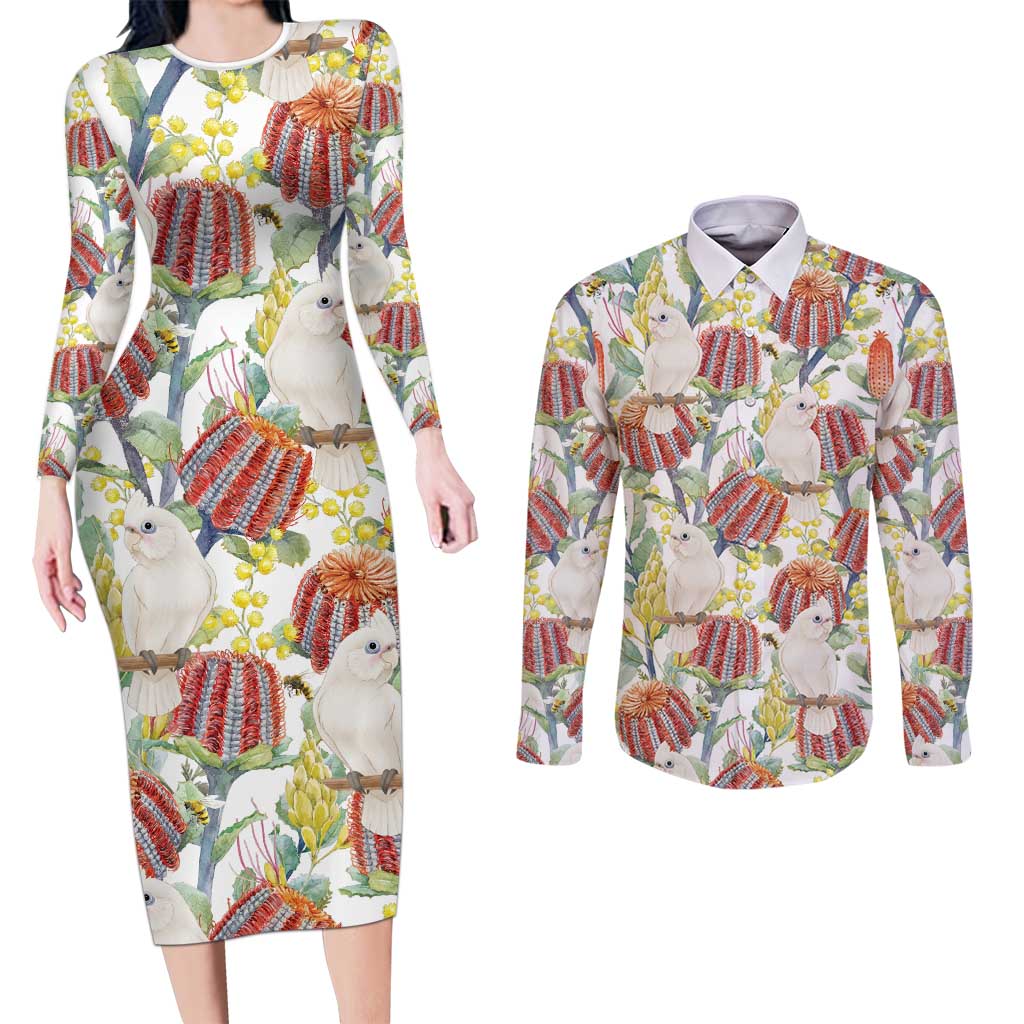 Little Corella Australia Cockatoo Couples Matching Long Sleeve Bodycon Dress and Long Sleeve Button Shirt Cacatua Sanguinea Banksia Seamless White - Aussie Hoodie