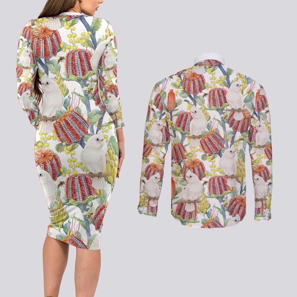 Little Corella Australia Cockatoo Couples Matching Long Sleeve Bodycon Dress and Long Sleeve Button Shirt Cacatua Sanguinea Banksia Seamless White - Aussie Hoodie