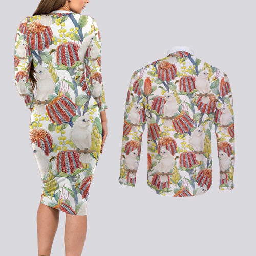 Little Corella Australia Cockatoo Couples Matching Long Sleeve Bodycon Dress and Long Sleeve Button Shirt Cacatua Sanguinea Banksia Seamless White - Aussie Hoodie