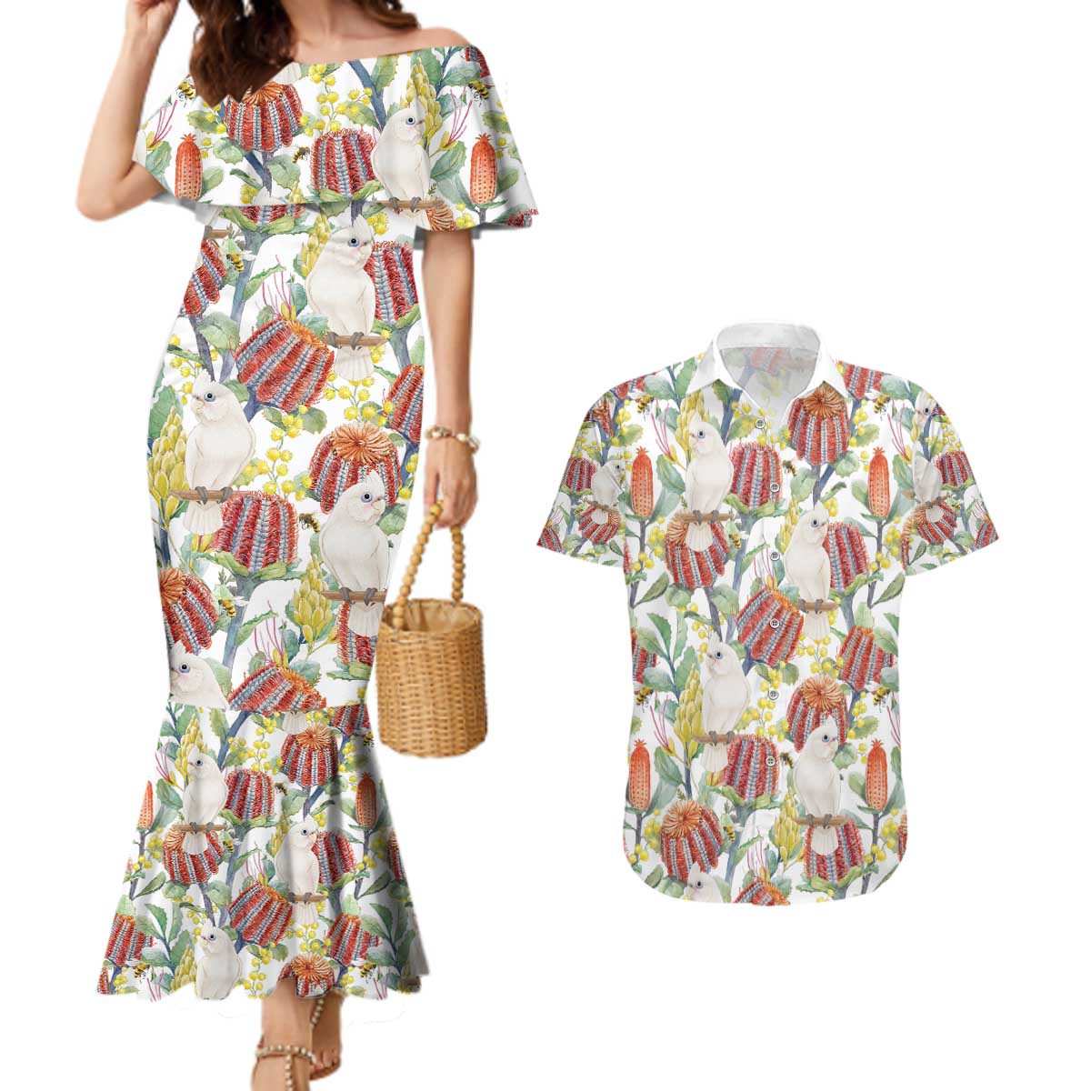 Little Corella Australia Cockatoo Couples Matching Mermaid Dress and Hawaiian Shirt Cacatua Sanguinea Banksia Seamless White - Aussie Hoodie