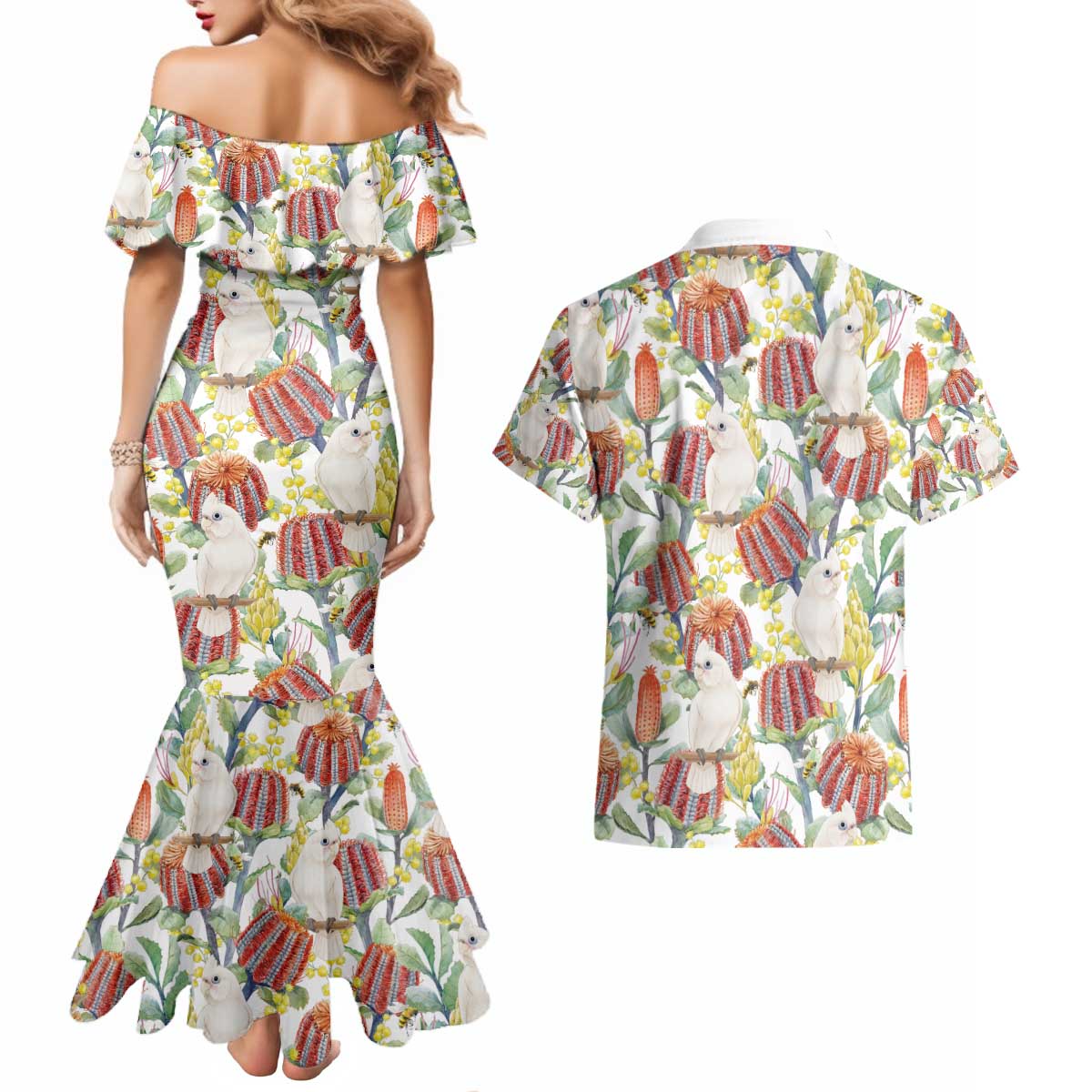 Little Corella Australia Cockatoo Couples Matching Mermaid Dress and Hawaiian Shirt Cacatua Sanguinea Banksia Seamless White - Aussie Hoodie