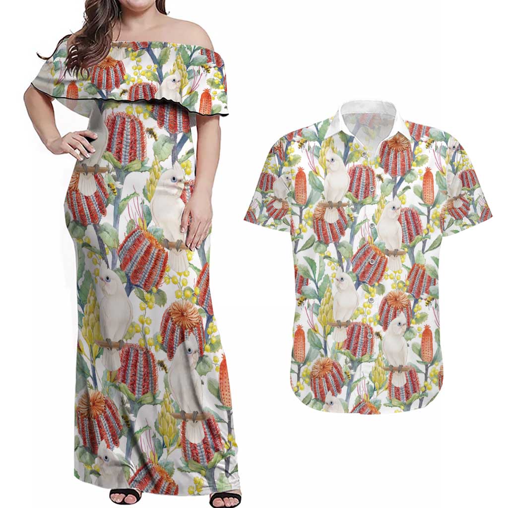 Little Corella Australia Cockatoo Couples Matching Off Shoulder Maxi Dress and Hawaiian Shirt Cacatua Sanguinea Banksia Seamless White - Aussie Hoodie