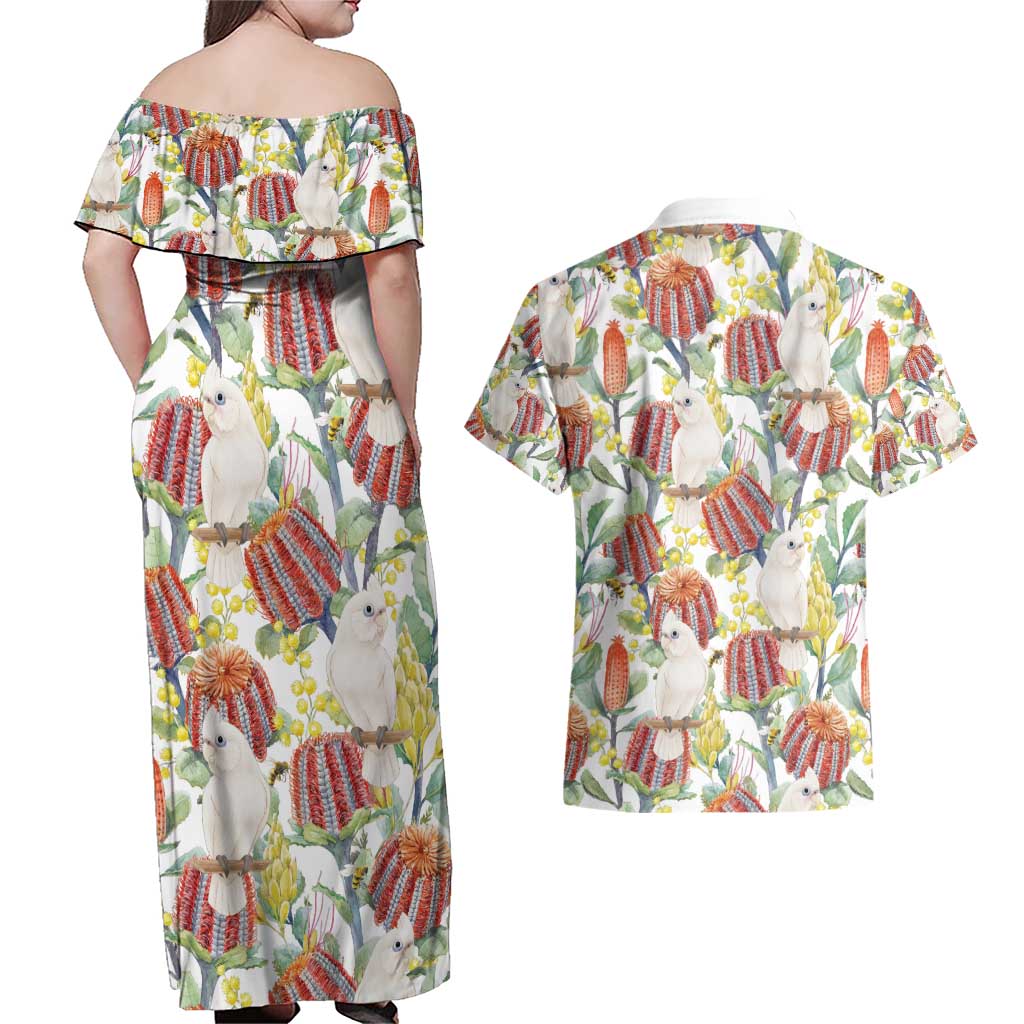 Little Corella Australia Cockatoo Couples Matching Off Shoulder Maxi Dress and Hawaiian Shirt Cacatua Sanguinea Banksia Seamless White - Aussie Hoodie