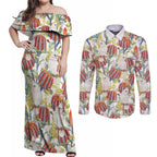 Little Corella Australia Cockatoo Couples Matching Off Shoulder Maxi Dress and Long Sleeve Button Shirt Cacatua Sanguinea Banksia Seamless White - Aussie Hoodie