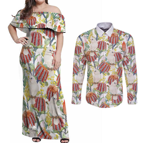 Little Corella Australia Cockatoo Couples Matching Off Shoulder Maxi Dress and Long Sleeve Button Shirt Cacatua Sanguinea Banksia Seamless White - Aussie Hoodie