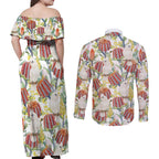 Little Corella Australia Cockatoo Couples Matching Off Shoulder Maxi Dress and Long Sleeve Button Shirt Cacatua Sanguinea Banksia Seamless White - Aussie Hoodie