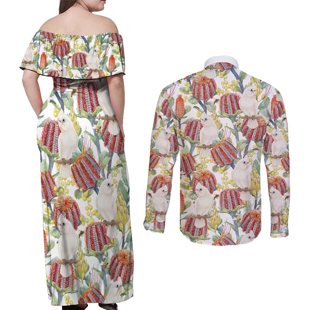 Little Corella Australia Cockatoo Couples Matching Off Shoulder Maxi Dress and Long Sleeve Button Shirt Cacatua Sanguinea Banksia Seamless White - Aussie Hoodie