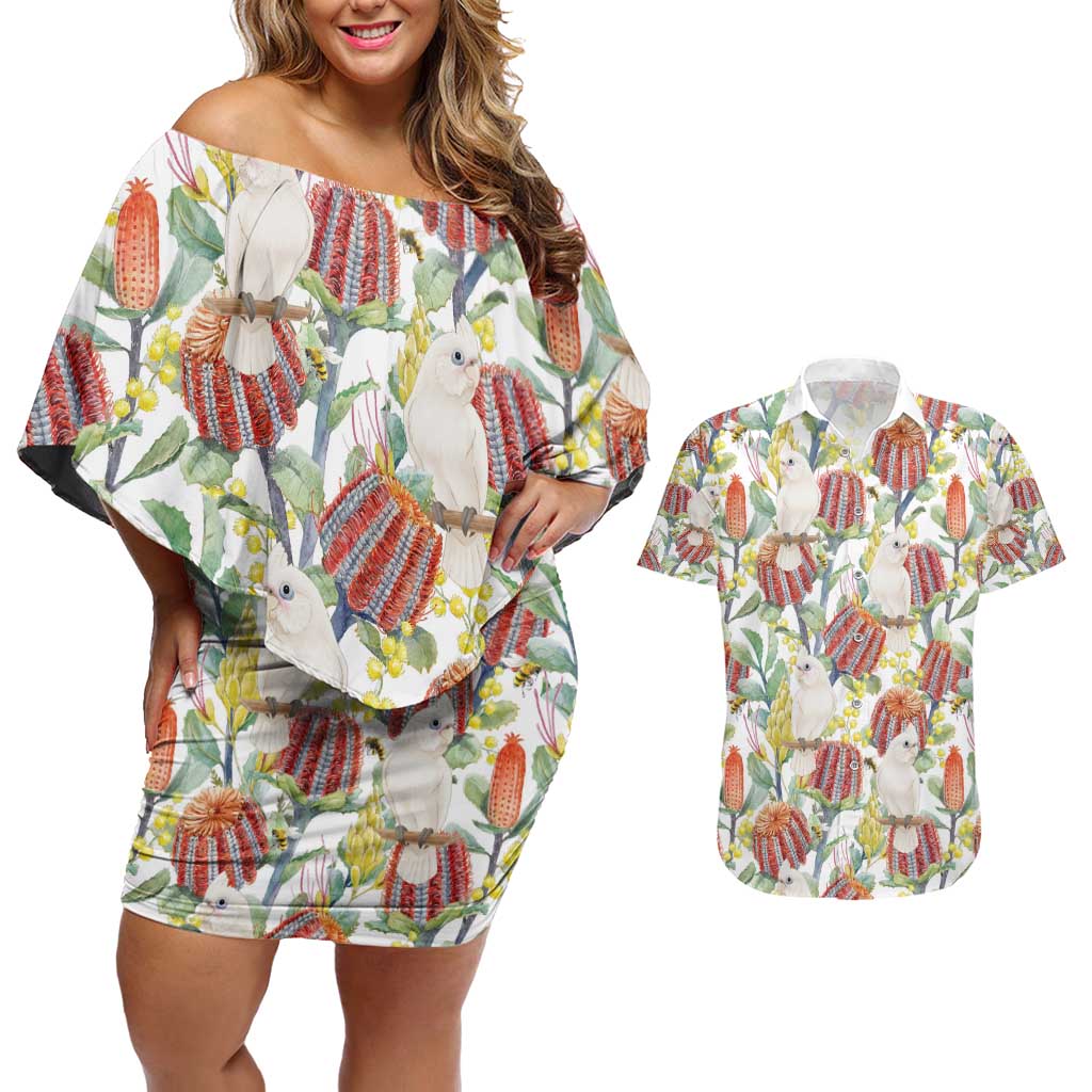 Little Corella Australia Cockatoo Couples Matching Off Shoulder Short Dress and Hawaiian Shirt Cacatua Sanguinea Banksia Seamless White - Aussie Hoodie