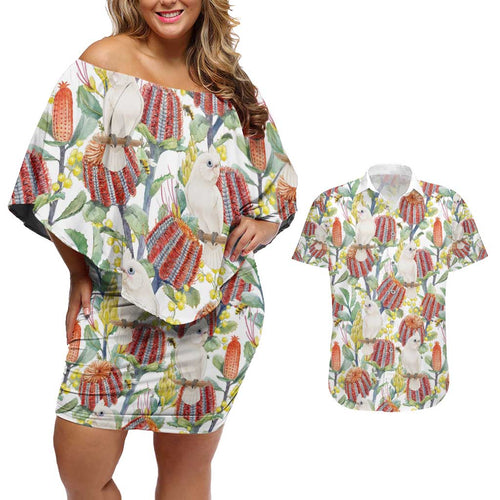 Little Corella Australia Cockatoo Couples Matching Off Shoulder Short Dress and Hawaiian Shirt Cacatua Sanguinea Banksia Seamless White - Aussie Hoodie