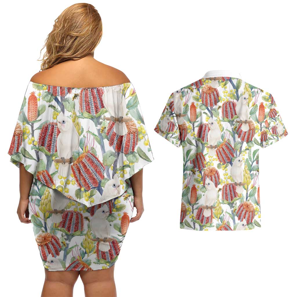 Little Corella Australia Cockatoo Couples Matching Off Shoulder Short Dress and Hawaiian Shirt Cacatua Sanguinea Banksia Seamless White - Aussie Hoodie