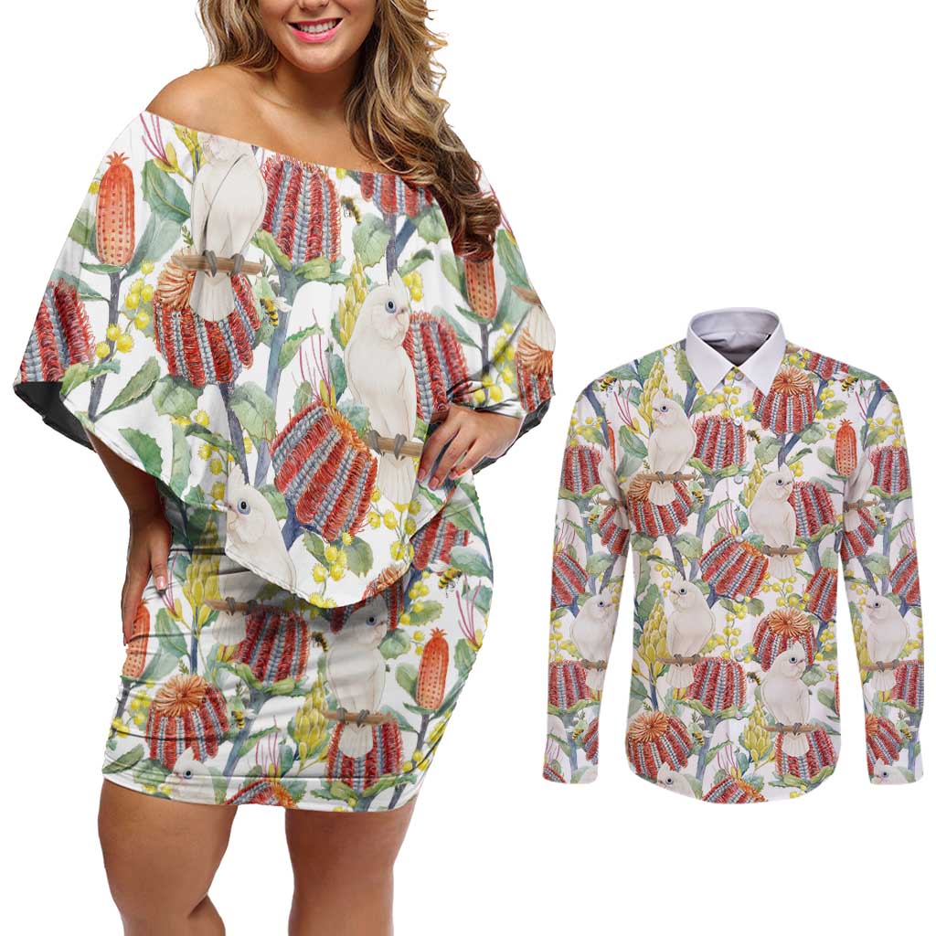 Little Corella Australia Cockatoo Couples Matching Off Shoulder Short Dress and Long Sleeve Button Shirt Cacatua Sanguinea Banksia Seamless White - Aussie Hoodie
