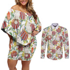 Little Corella Australia Cockatoo Couples Matching Off Shoulder Short Dress and Long Sleeve Button Shirt Cacatua Sanguinea Banksia Seamless White - Aussie Hoodie