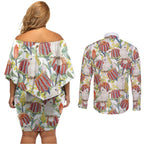 Little Corella Australia Cockatoo Couples Matching Off Shoulder Short Dress and Long Sleeve Button Shirt Cacatua Sanguinea Banksia Seamless White - Aussie Hoodie