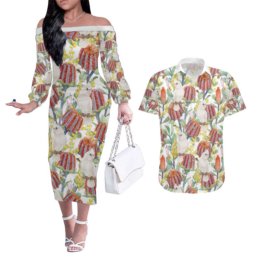 Little Corella Australia Cockatoo Couples Matching Off The Shoulder Long Sleeve Dress and Hawaiian Shirt Cacatua Sanguinea Banksia Seamless White - Aussie Hoodie