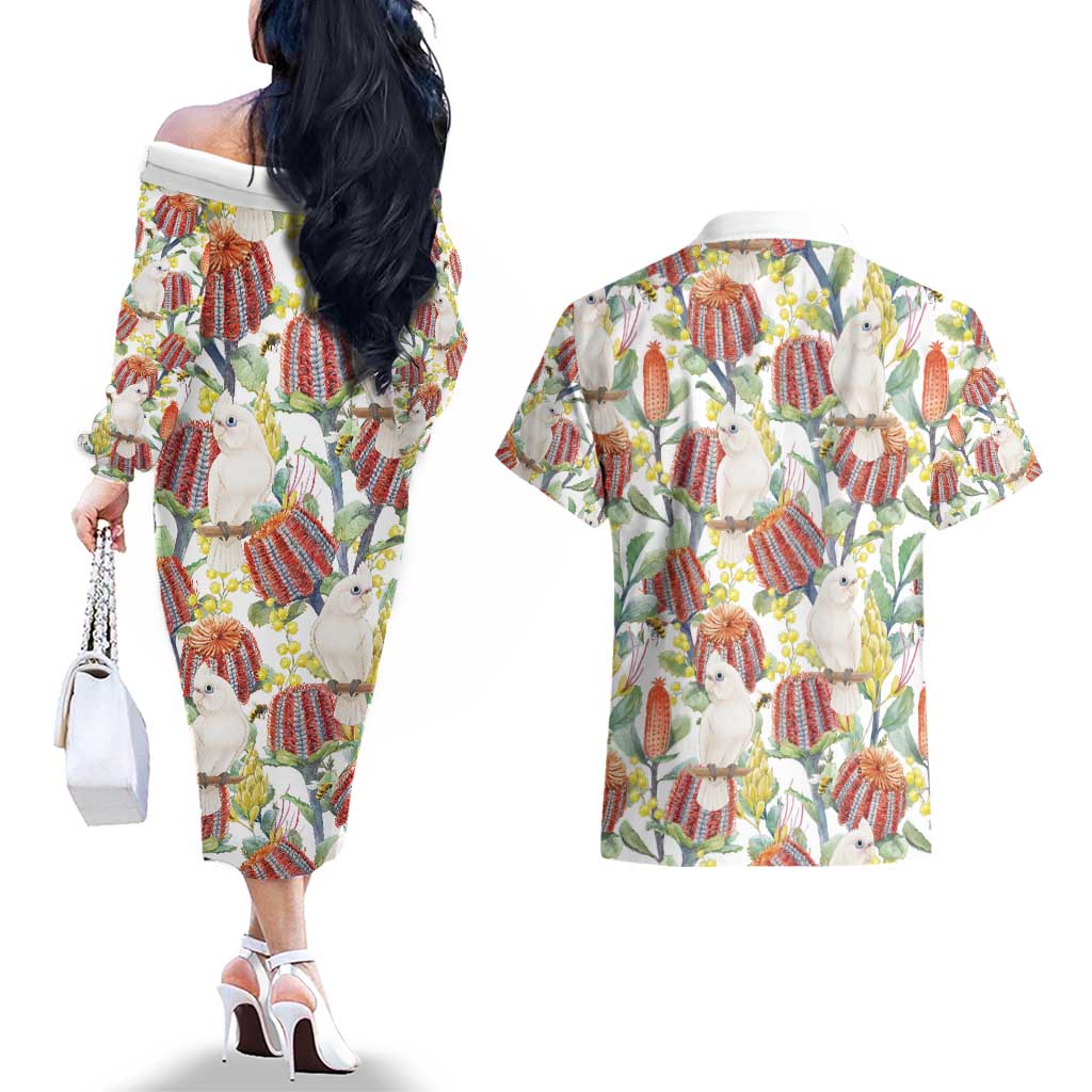 Little Corella Australia Cockatoo Couples Matching Off The Shoulder Long Sleeve Dress and Hawaiian Shirt Cacatua Sanguinea Banksia Seamless White - Aussie Hoodie