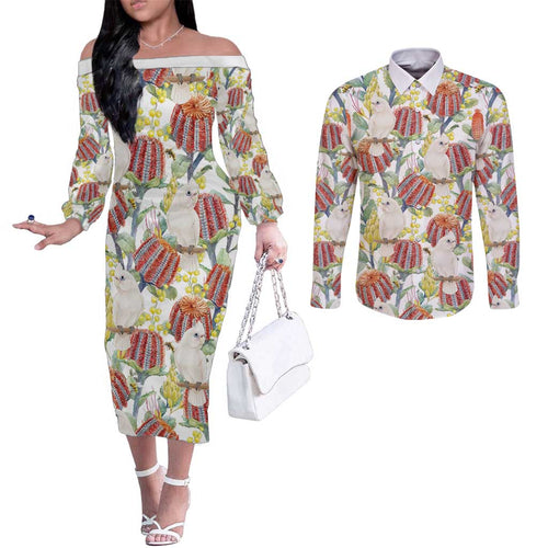 Little Corella Australia Cockatoo Couples Matching Off The Shoulder Long Sleeve Dress and Long Sleeve Button Shirt Cacatua Sanguinea Banksia Seamless White - Aussie Hoodie