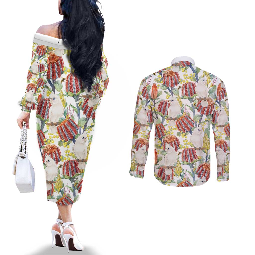 Little Corella Australia Cockatoo Couples Matching Off The Shoulder Long Sleeve Dress and Long Sleeve Button Shirt Cacatua Sanguinea Banksia Seamless White - Aussie Hoodie