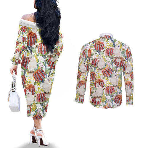 Little Corella Australia Cockatoo Couples Matching Off The Shoulder Long Sleeve Dress and Long Sleeve Button Shirt Cacatua Sanguinea Banksia Seamless White - Aussie Hoodie