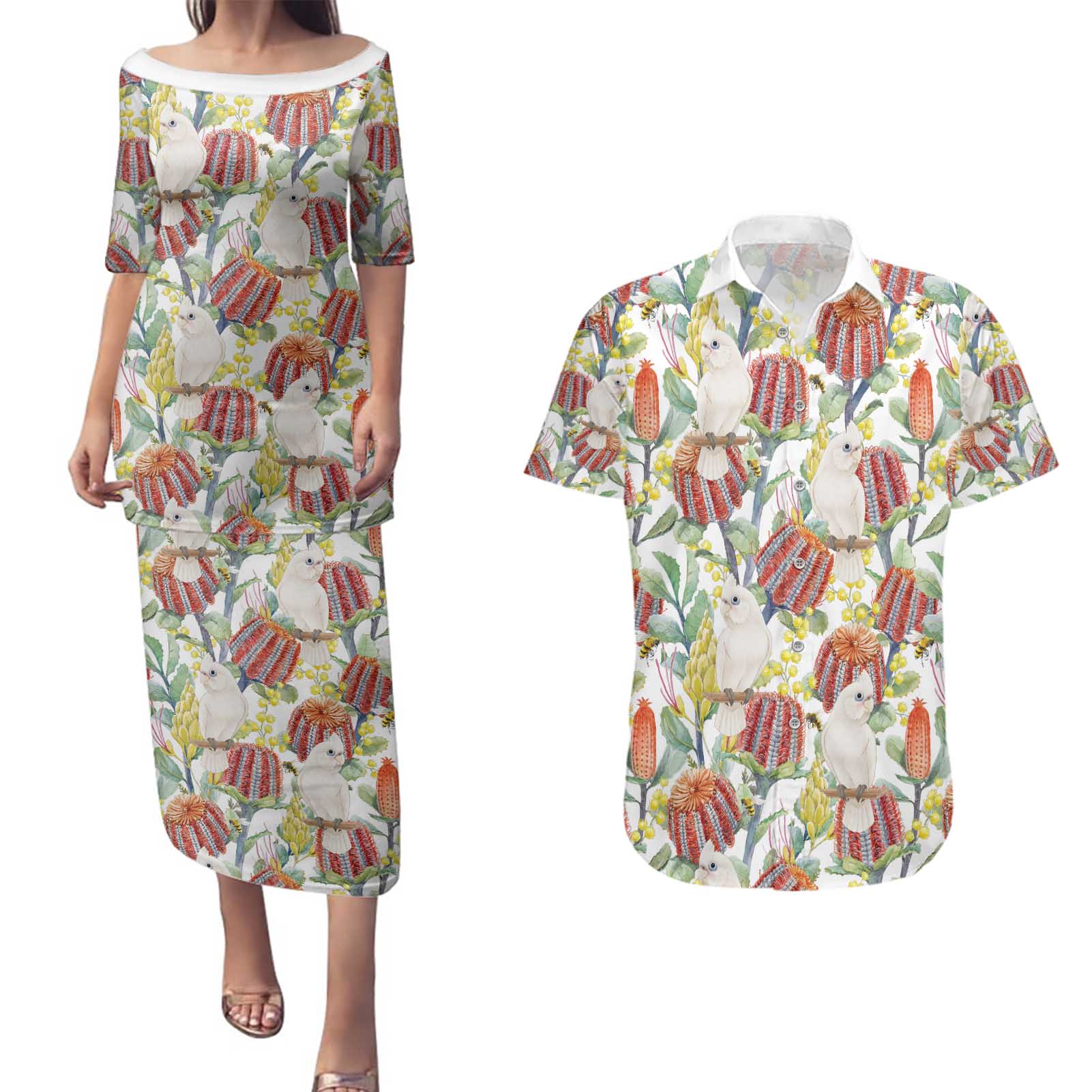 Little Corella Australia Cockatoo Couples Matching Puletasi and Hawaiian Shirt Cacatua Sanguinea Banksia Seamless White - Aussie Hoodie