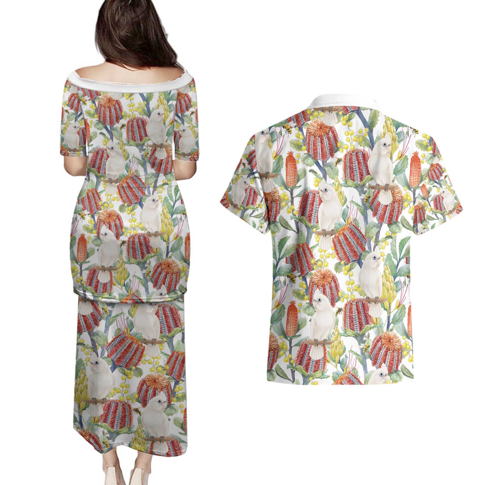 Little Corella Australia Cockatoo Couples Matching Puletasi and Hawaiian Shirt Cacatua Sanguinea Banksia Seamless White - Aussie Hoodie