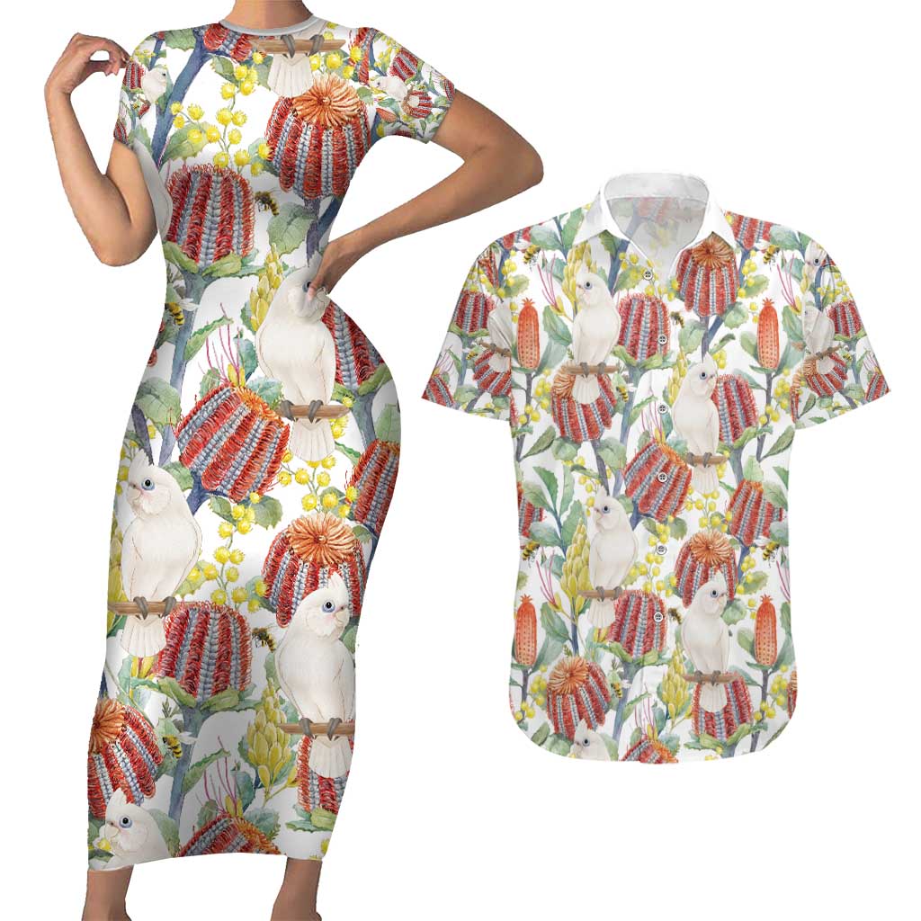 Little Corella Australia Cockatoo Couples Matching Short Sleeve Bodycon Dress and Hawaiian Shirt Cacatua Sanguinea Banksia Seamless White - Aussie Hoodie