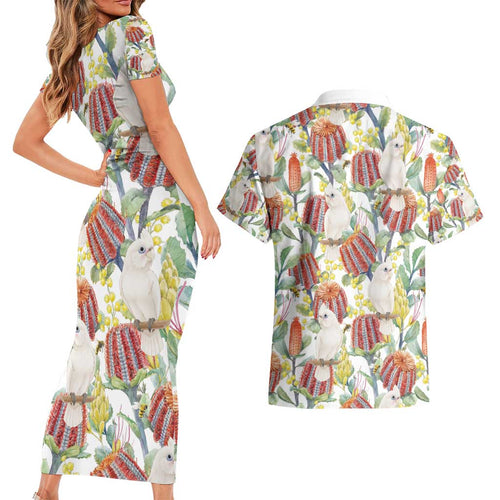 Little Corella Australia Cockatoo Couples Matching Short Sleeve Bodycon Dress and Hawaiian Shirt Cacatua Sanguinea Banksia Seamless White - Aussie Hoodie