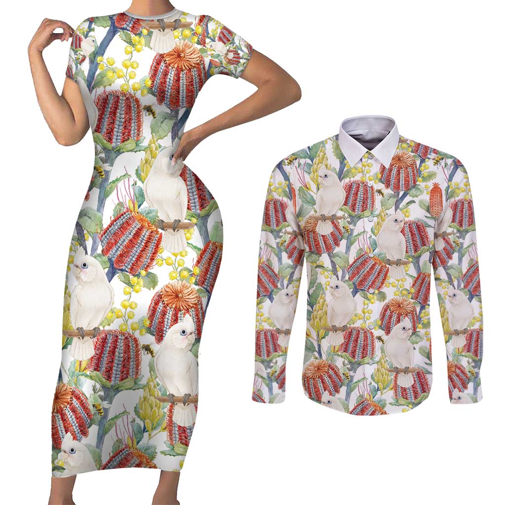 Little Corella Australia Cockatoo Couples Matching Short Sleeve Bodycon Dress and Long Sleeve Button Shirt Cacatua Sanguinea Banksia Seamless White - Aussie Hoodie