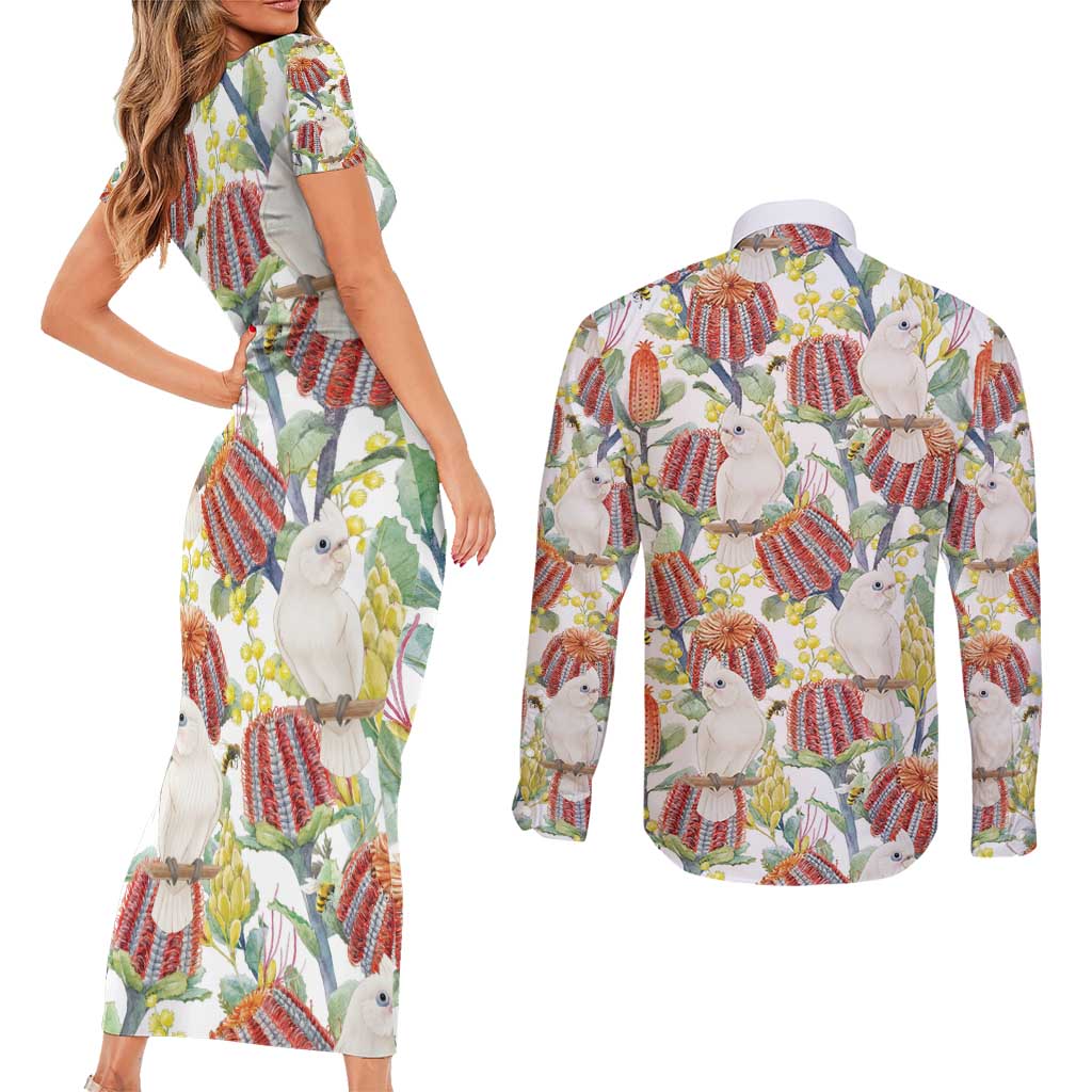 Little Corella Australia Cockatoo Couples Matching Short Sleeve Bodycon Dress and Long Sleeve Button Shirt Cacatua Sanguinea Banksia Seamless White - Aussie Hoodie