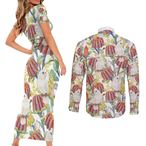 Little Corella Australia Cockatoo Couples Matching Short Sleeve Bodycon Dress and Long Sleeve Button Shirt Cacatua Sanguinea Banksia Seamless White - Aussie Hoodie