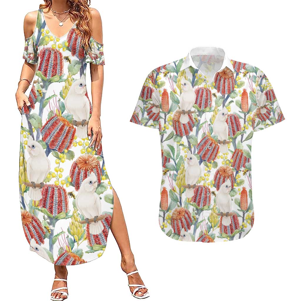 Little Corella Australia Cockatoo Couples Matching Summer Maxi Dress and Hawaiian Shirt Cacatua Sanguinea Banksia Seamless White - Aussie Hoodie