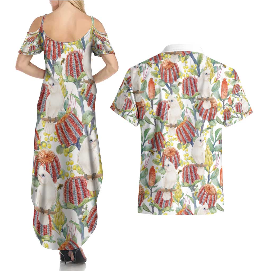 Little Corella Australia Cockatoo Couples Matching Summer Maxi Dress and Hawaiian Shirt Cacatua Sanguinea Banksia Seamless White - Aussie Hoodie