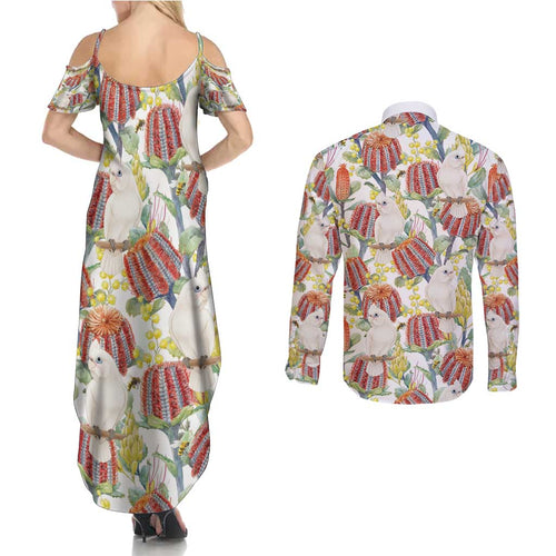 Little Corella Australia Cockatoo Couples Matching Summer Maxi Dress and Long Sleeve Button Shirt Cacatua Sanguinea Banksia Seamless White - Aussie Hoodie