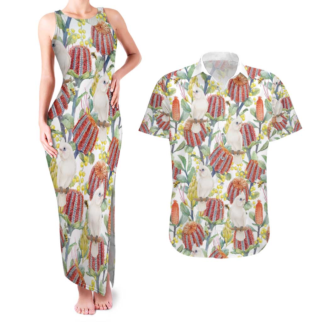 Little Corella Australia Cockatoo Couples Matching Tank Maxi Dress and Hawaiian Shirt Cacatua Sanguinea Banksia Seamless White - Aussie Hoodie