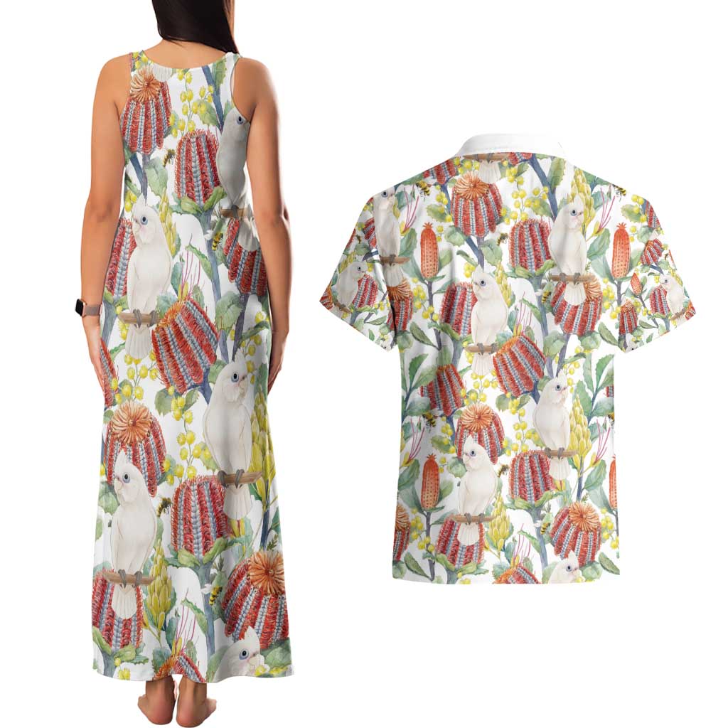 Little Corella Australia Cockatoo Couples Matching Tank Maxi Dress and Hawaiian Shirt Cacatua Sanguinea Banksia Seamless White - Aussie Hoodie