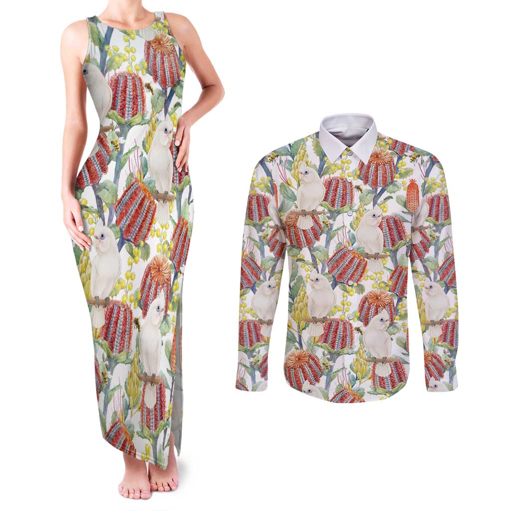 Little Corella Australia Cockatoo Couples Matching Tank Maxi Dress and Long Sleeve Button Shirt Cacatua Sanguinea Banksia Seamless White - Aussie Hoodie
