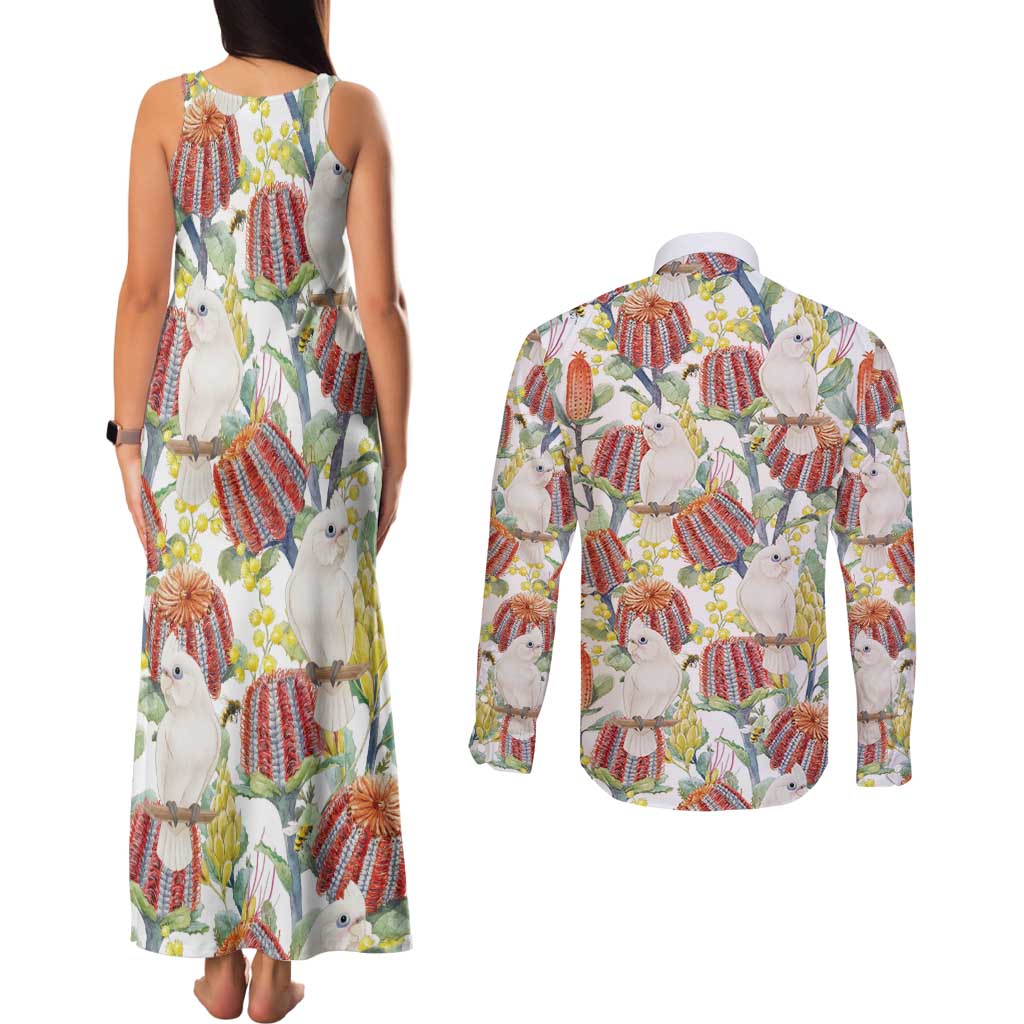 Little Corella Australia Cockatoo Couples Matching Tank Maxi Dress and Long Sleeve Button Shirt Cacatua Sanguinea Banksia Seamless White - Aussie Hoodie
