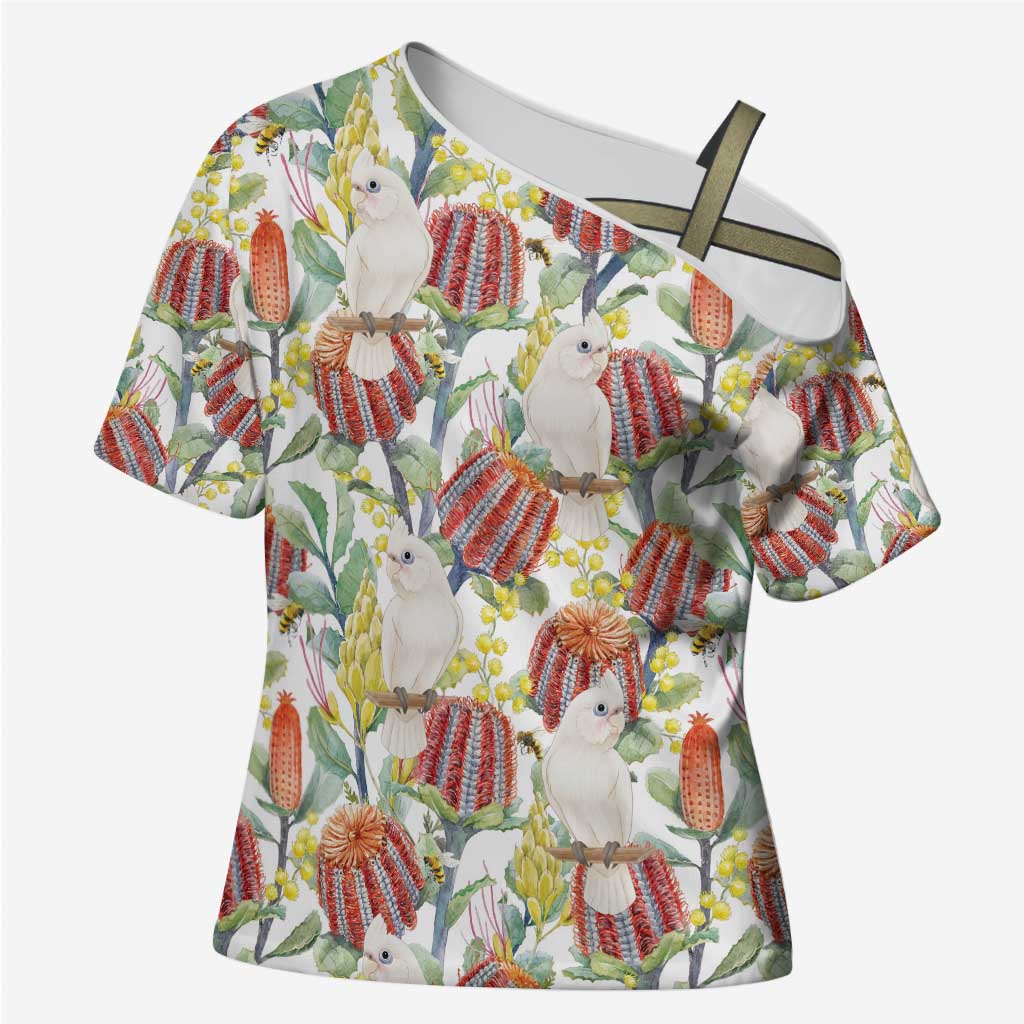 Little Corella Australia Cockatoo Cross Shoulder Shirt Cacatua Sanguinea Banksia Seamless White - Aussie Hoodie