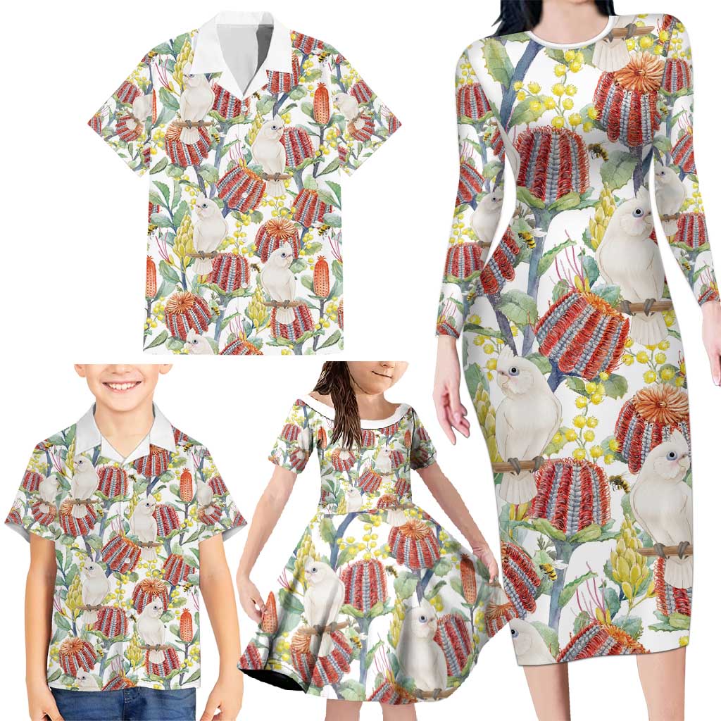 Little Corella Australia Cockatoo Family Matching Long Sleeve Bodycon Dress and Hawaiian Shirt Cacatua Sanguinea Banksia Seamless White - Aussie Hoodie